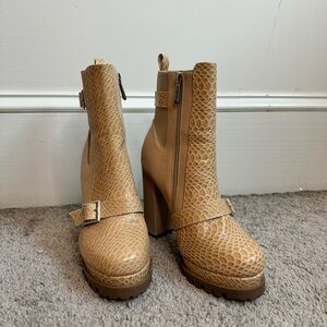 Cape Robbin Tan Heeled Boots with Snake Skin Texture